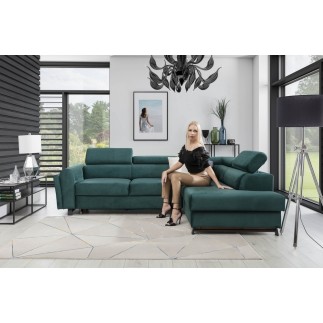 Canapé d'angle convertible - KARL VELOURS - en tissu prestige, 5 places, vert, angle droit (vu de face)