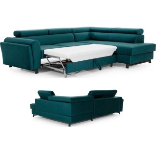 Canapé d'angle convertible - KARL VELOURS - en tissu prestige, 5 places, vert, angle droit (vu de face)
