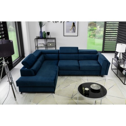Canapé d'angle convertible - KARL VELOURS - en tissu prestige bleu - 5 places, angle gauche (vu de face)