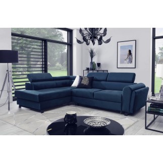 Canapé d'angle convertible - KARL VELOURS - en tissu prestige bleu - 5 places, angle gauche (vu de face)