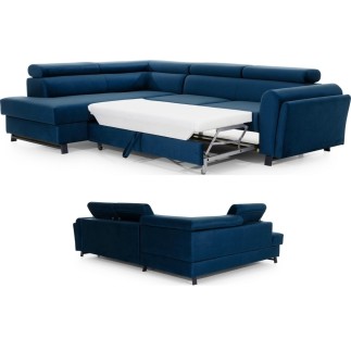 Canapé d'angle convertible - KARL VELOURS - en tissu prestige bleu - 5 places, angle gauche (vu de face)