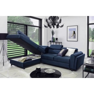 Canapé d'angle convertible - KARL VELOURS - en tissu prestige bleu - 5 places, angle gauche (vu de face)