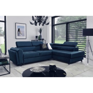 Canapé d'angle convertible - KARL VELOURS - en tissu prestige bleu, 5 places, angle droit (vu de face)
