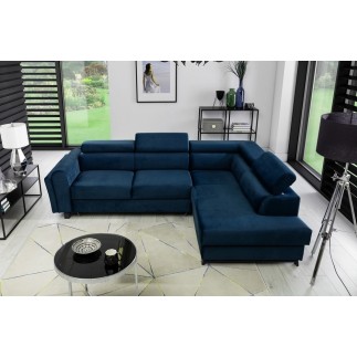 Canapé d'angle convertible - KARL VELOURS - en tissu prestige bleu, 5 places, angle droit (vu de face)