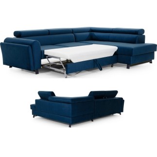 Canapé d'angle convertible - KARL VELOURS - en tissu prestige bleu, 5 places, angle droit (vu de face)