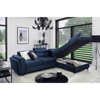 Canapé d'angle convertible - KARL VELOURS - en tissu prestige bleu, 5 places, angle droit (vu de face)