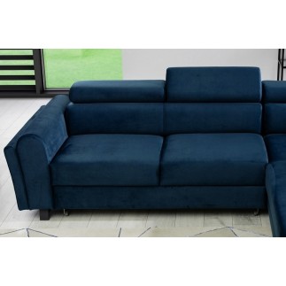 Canapé d'angle convertible - KARL VELOURS - en tissu prestige bleu, 5 places, angle droit (vu de face)