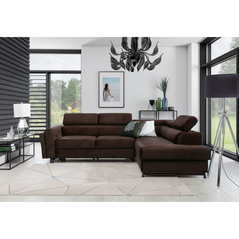 Canapé d'angle convertible - KARL VELOURS - en tissu prestige, 5 places, chocolat, angle droit (vu de face) Canapé d'angle convertible - KARL VELOURS - en tissu prestige, 5 places, chocolat, angle droit (vu de face)