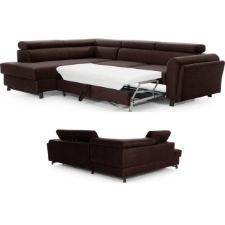 Canapé d'angle convertible - KARL VELOURS - en tissu prestige - 5 places, chocolat, angle gauche (vu de face)