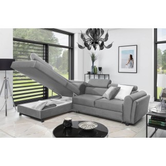Canapé d'angle convertible - KARL VELOURS - en tissu prestige - 5 places, gris clair, angle gauche (vu de face)
