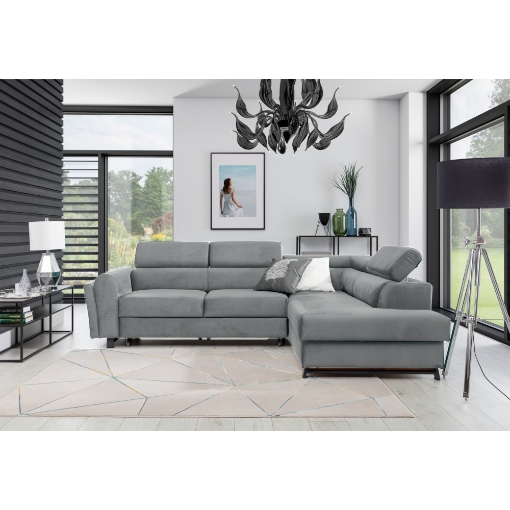 Canapé d'angle convertible - KARL VELOURS - en tissu prestige, 5 places, gris, angle droit (vu de face) Canapé d'angle convertible - KARL VELOURS - en tissu prestige, 5 places, gris, angle droit (vu de face)