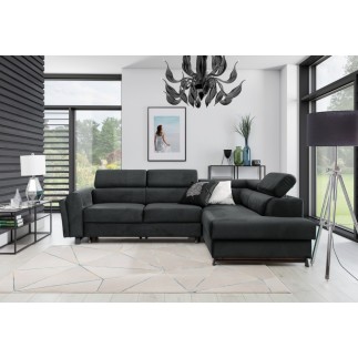Canapé d'angle convertible - KARL VELOURS - en tissu prestige, 5 places, gris anthracite, angle droit (vu de face)
