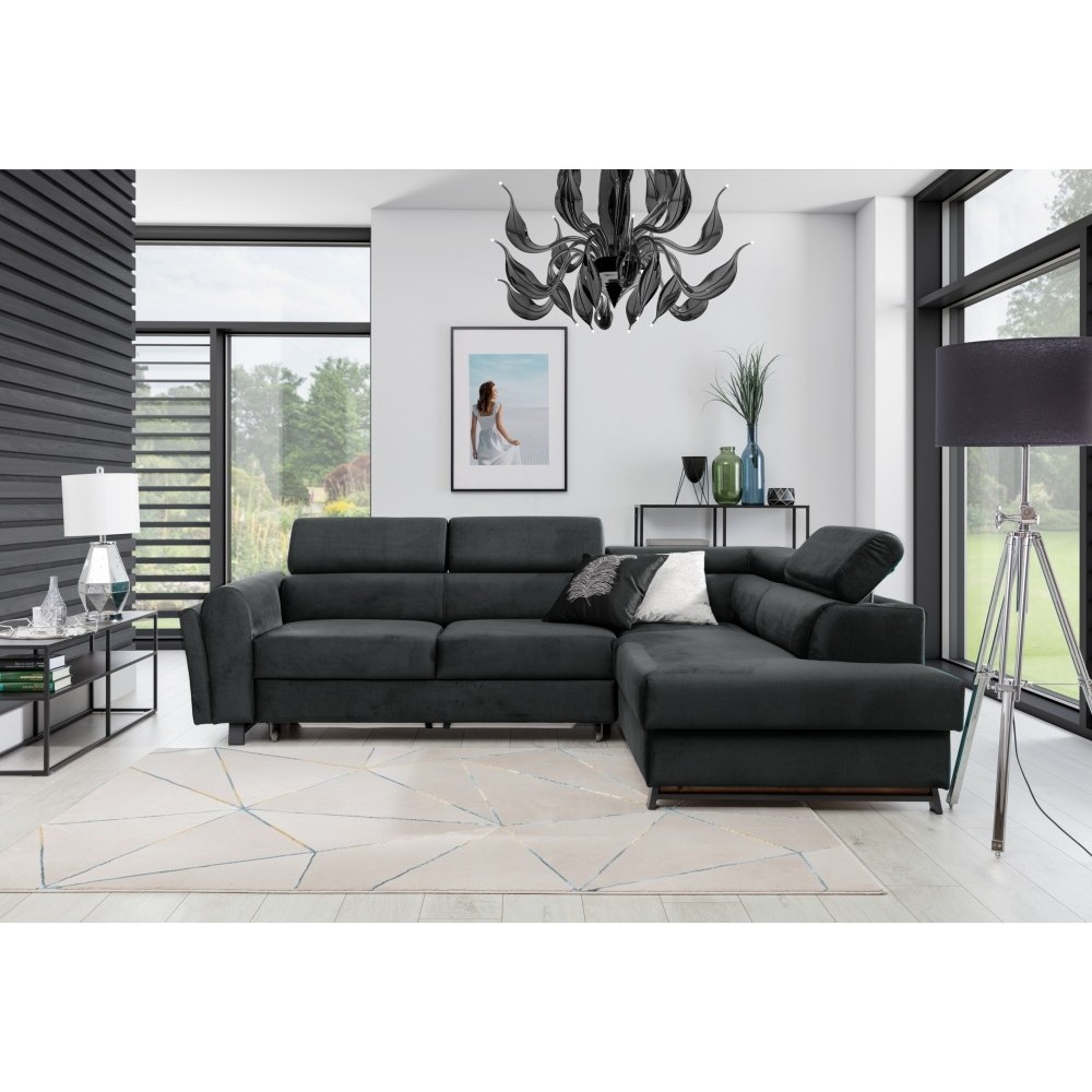 Canapé d'angle convertible - KARL VELOURS - en tissu prestige, 5 places, gris anthracite, angle droit (vu de face) Canapé d'angle convertible - KARL VELOURS - en tissu prestige, 5 places, gris anthracite, angle droit (vu de face)