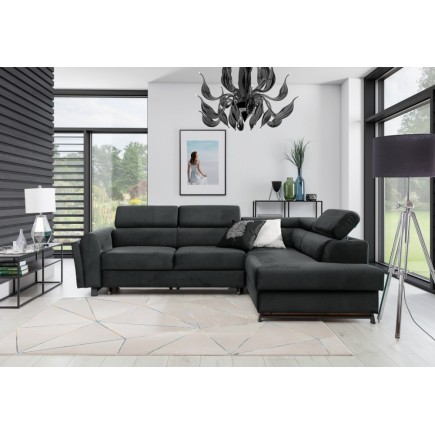Canapé d'angle convertible - KARL VELOURS - en tissu prestige, 5 places, gris anthracite, angle droit (vu de face)