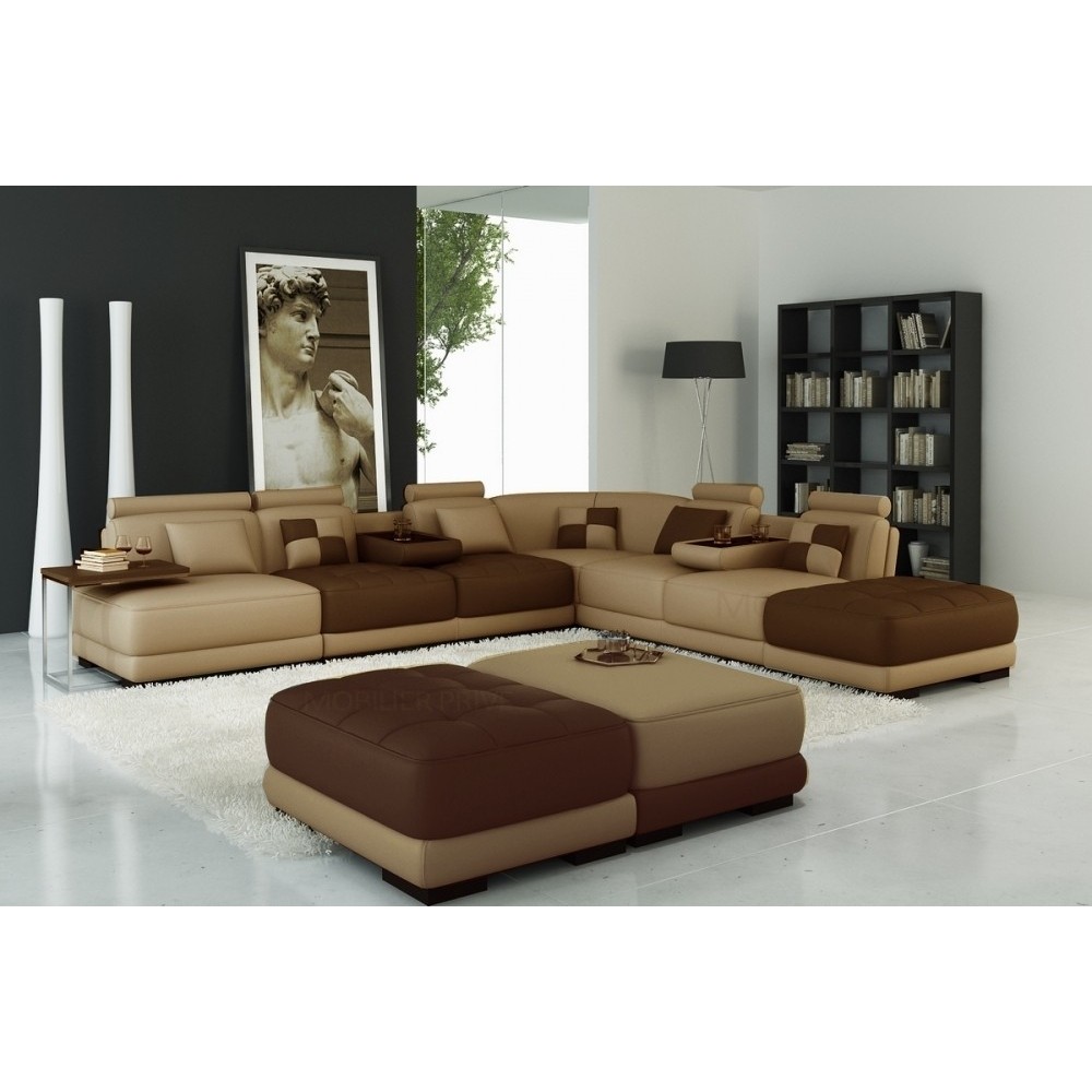 Canapé d'angle en cuir italien 6/7 places PETIT ELIXIR, beige et chocolat, angle droit