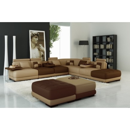Canapé d'angle en cuir italien 6/7 places PETIT ELIXIR, beige et chocolat, angle droit