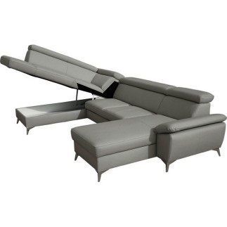 Canapé d'angle convertible en 100 % TOUT cuir italien de luxe 7/8 places WARINI avec coffre, gris clair, angle gauche