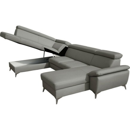 Canapé d'angle convertible en 100 % TOUT cuir italien de luxe 7/8 places WARINI avec coffre, gris clair, angle gauche