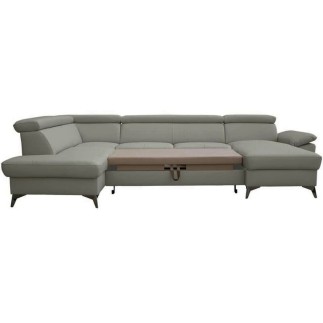 Canapé d'angle convertible en 100 % TOUT cuir italien de luxe 7/8 places WARINI avec coffre, gris clair, angle gauche