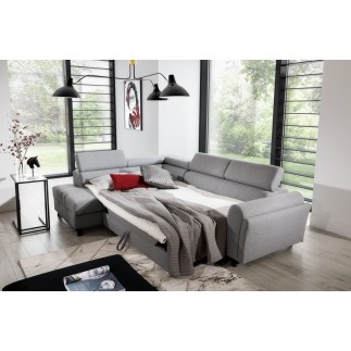 - Canapé d'angle convertible - KARL - en tissu prestige, 5 places, gris , angle gauche (vu de face)