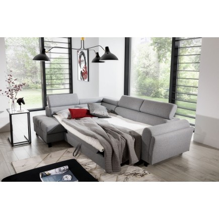 - Canapé d'angle convertible - KARL - en tissu prestige, 5 places, gris , angle gauche (vu de face)