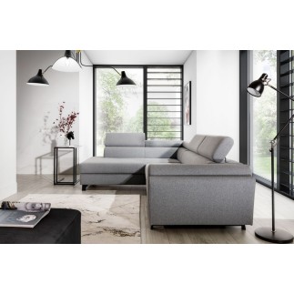 - Canapé d'angle convertible - KARL - en tissu prestige, 5 places, gris , angle gauche (vu de face)