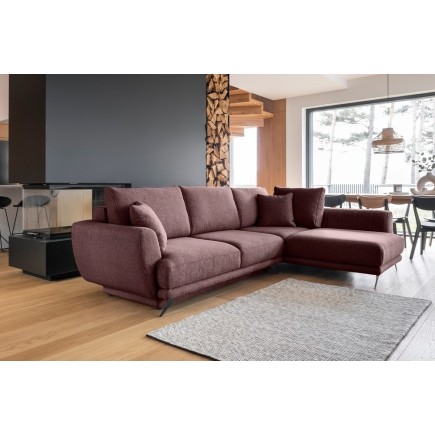 Canapé d'angle convertible - LARSON - en tissu Luxe, 5 places, bordeaux, angle droit (vu de face)