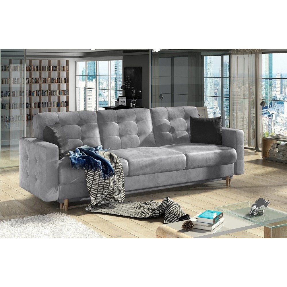 Canapé 3 places convertible - en tissu de qualité gris clair, ASVENA VELOURS Canapé 3 places convertible - en tissu de qualité gris clair, ASVENA VELOURS