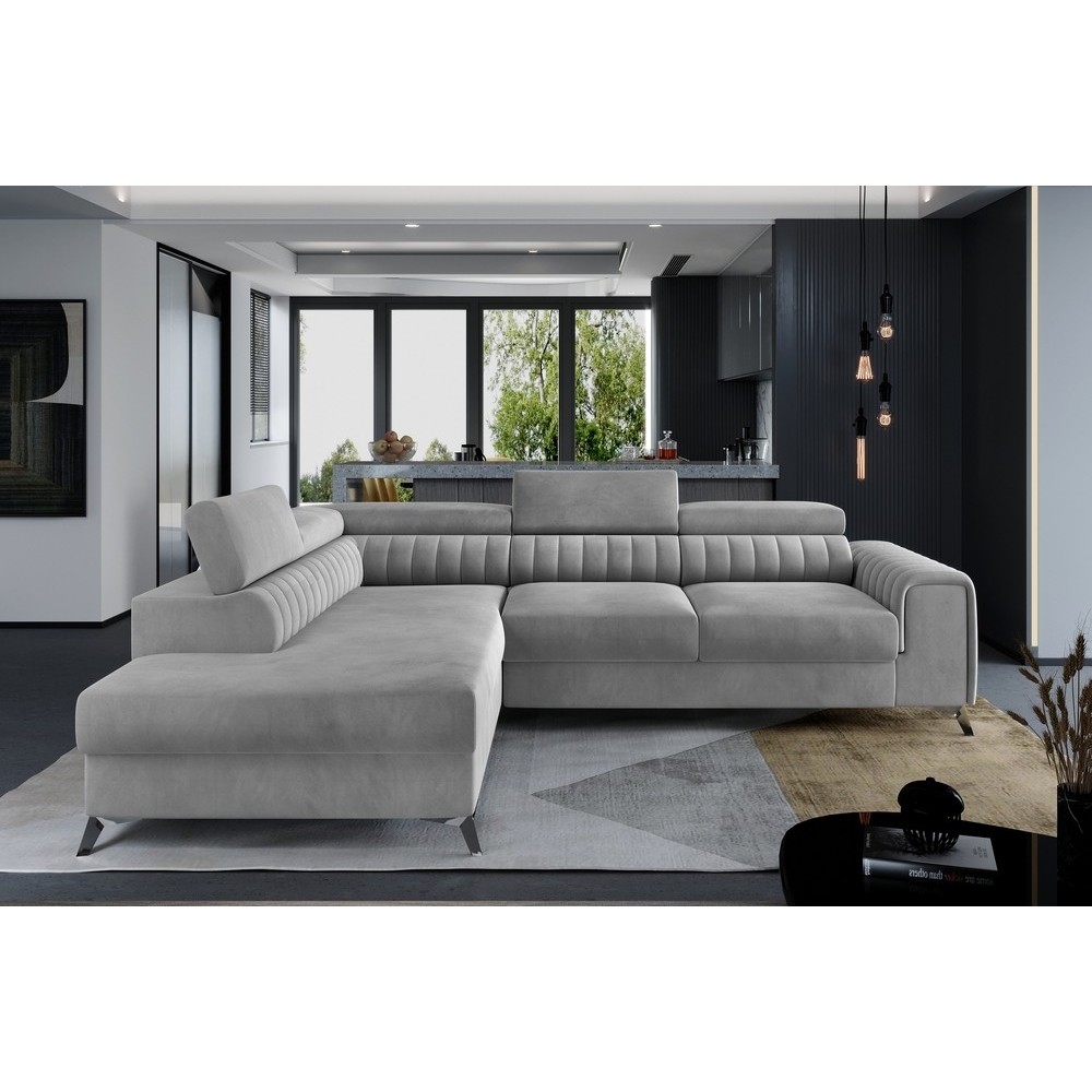 - Canapé d'angle convertible - LARRY VELOURS Luxe, 5 places, gris , angle gauche (vu de face) - Canapé d'angle convertible - LARRY VELOURS Luxe, 5 places, gris , angle gauche (vu de face)