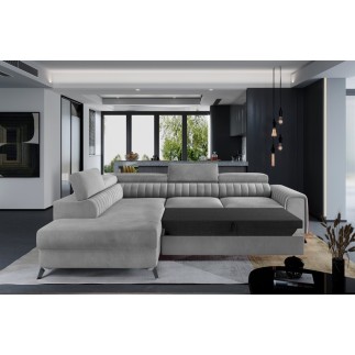 - Canapé d'angle convertible - LARRY VELOURS Luxe, 5 places, gris , angle gauche (vu de face)