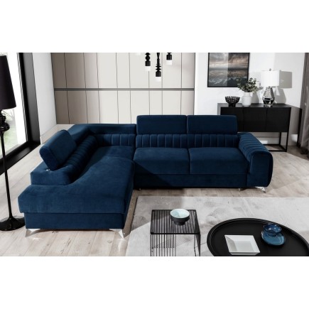 Canapé d'angle convertible - LARRY VELOURS Luxe bleu, 5 places, angle gauche (vu de face)