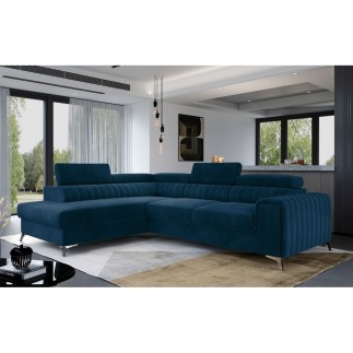 Canapé d'angle convertible - LARRY VELOURS Luxe bleu, 5 places, angle gauche (vu de face)