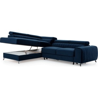 Canapé d'angle convertible - LARRY VELOURS Luxe bleu, 5 places, angle gauche (vu de face)