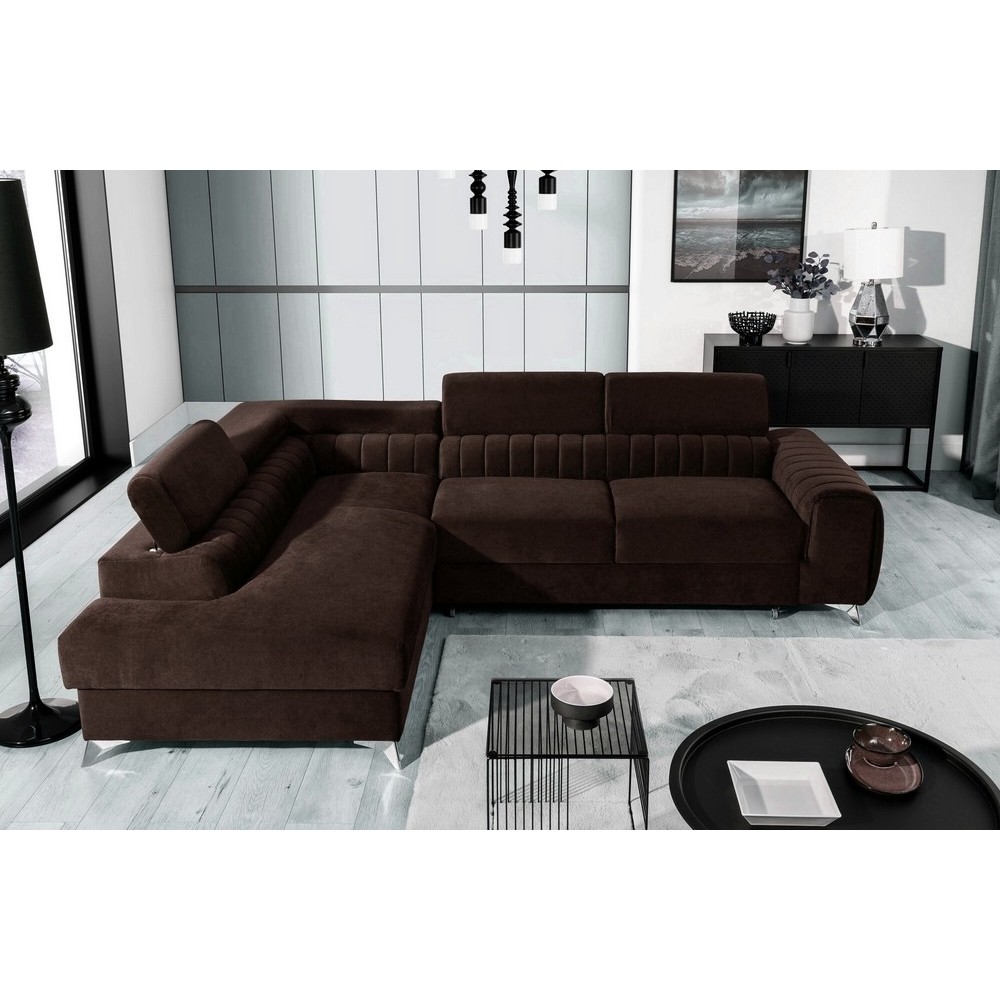 Canapé d'angle convertible - LARRY VELOURS Luxe marron, 5 places, angle gauche (vu de face) Canapé d'angle convertible - LARRY VELOURS Luxe marron, 5 places, angle gauche (vu de face)