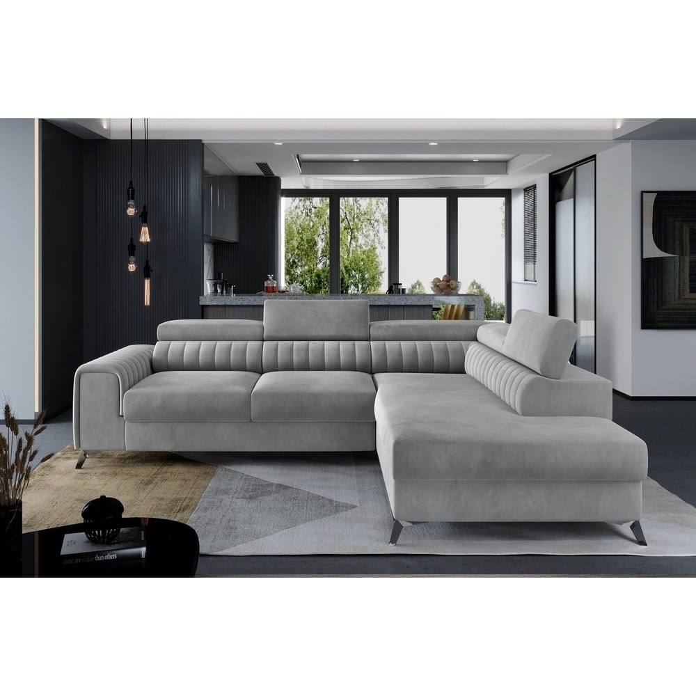 Canapé d'angle convertible - LARRY VELOURS Luxe, 5 places, gris , angle droit (vu de face) Canapé d'angle convertible - LARRY VELOURS Luxe, 5 places, gris , angle droit (vu de face)