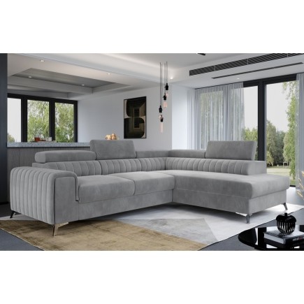 Canapé d'angle convertible - LARRY VELOURS Luxe, 5 places, gris , angle droit (vu de face)
