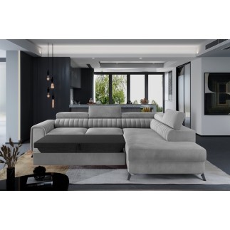 Canapé d'angle convertible - LARRY VELOURS Luxe, 5 places, gris , angle droit (vu de face)
