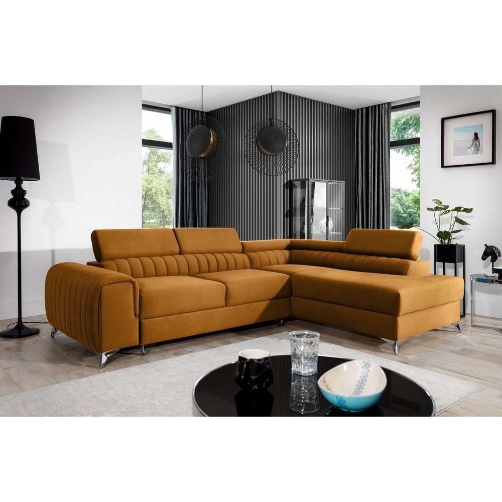 Canapé d'angle convertible - LARRY VELOURS Luxe, bronze, 5 places, angle droit (vu de face) Canapé d'angle convertible - LARRY VELOURS Luxe, bronze, 5 places, angle droit (vu de face)