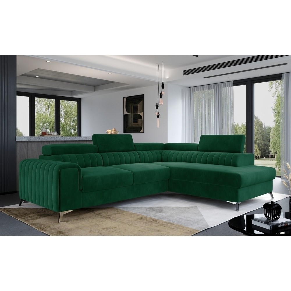 Canapé d'angle convertible - LARRY VELOURS Luxe vert, 5 places, angle droit (vu de face) Canapé d'angle convertible - LARRY VELOURS Luxe vert, 5 places, angle droit (vu de face)