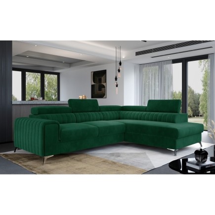 Canapé d'angle convertible - LARRY VELOURS Luxe vert, 5 places, angle droit (vu de face)