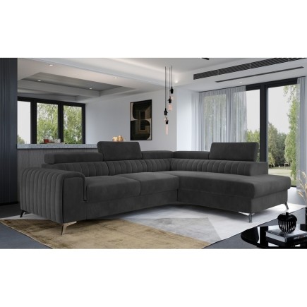 Canapé d'angle convertible - LARRY VELOURS Luxe gris foncé, 5 places, angle droit (vu de face)