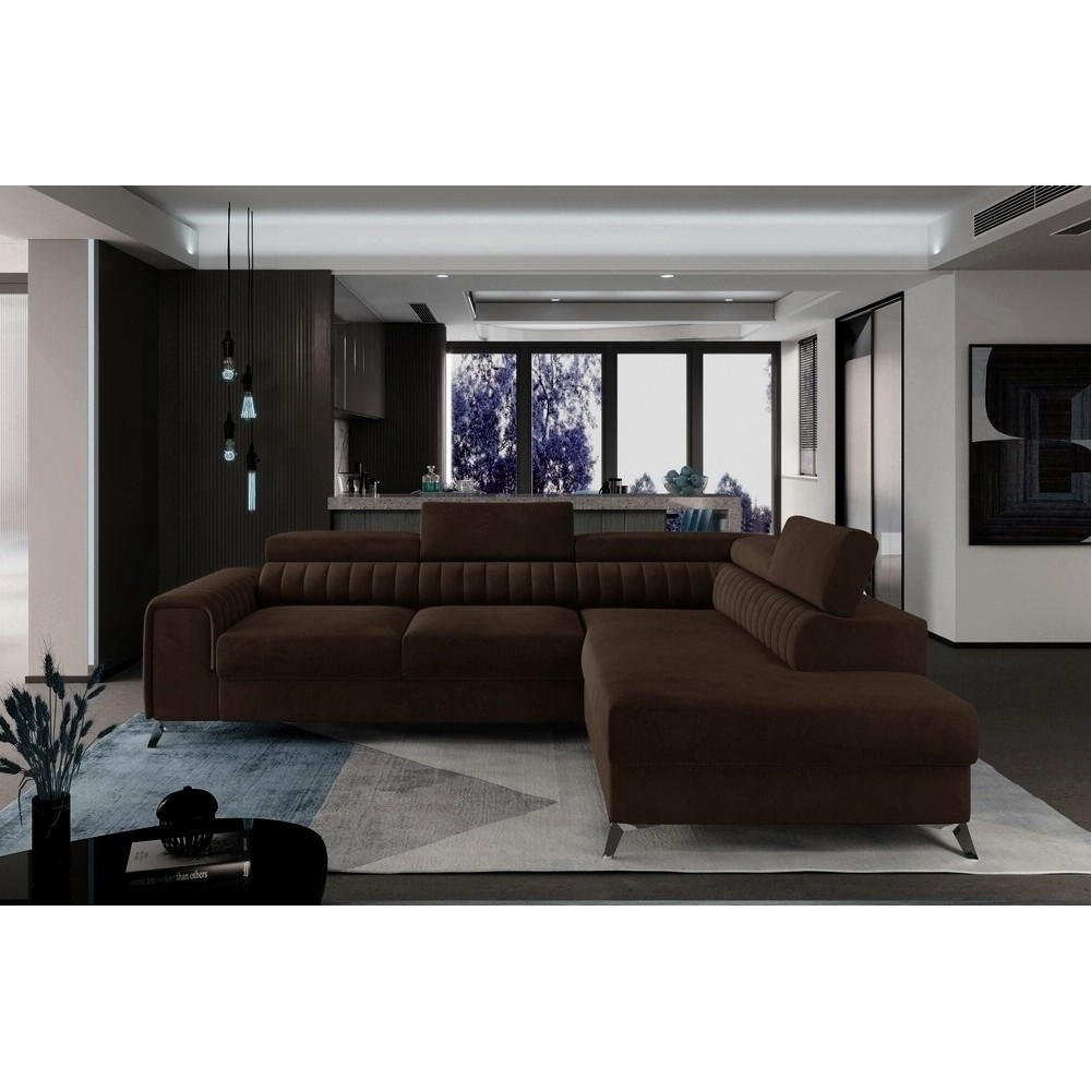 Canapé d'angle convertible - LARRY VELOURS Luxe marron, 5 places, angle droit (vu de face) Canapé d'angle convertible - LARRY VELOURS Luxe marron, 5 places, angle droit (vu de face)