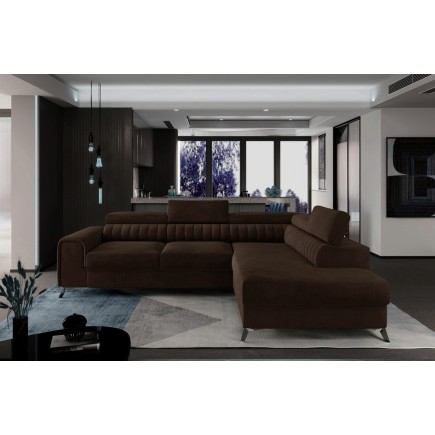 Canapé d'angle convertible - LARRY VELOURS Luxe marron, 5 places, angle droit (vu de face)
