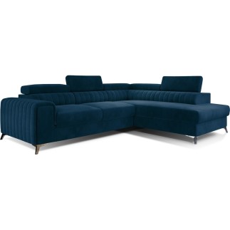Canapé d'angle convertible - LARRY VELOURS Luxe bleu, 5 places, angle droit (vu de face)