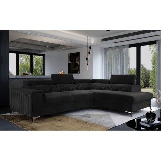 Canapé d'angle convertible - LARRY VELOURS Luxe, 5 places, noir , angle droit (vu de face)