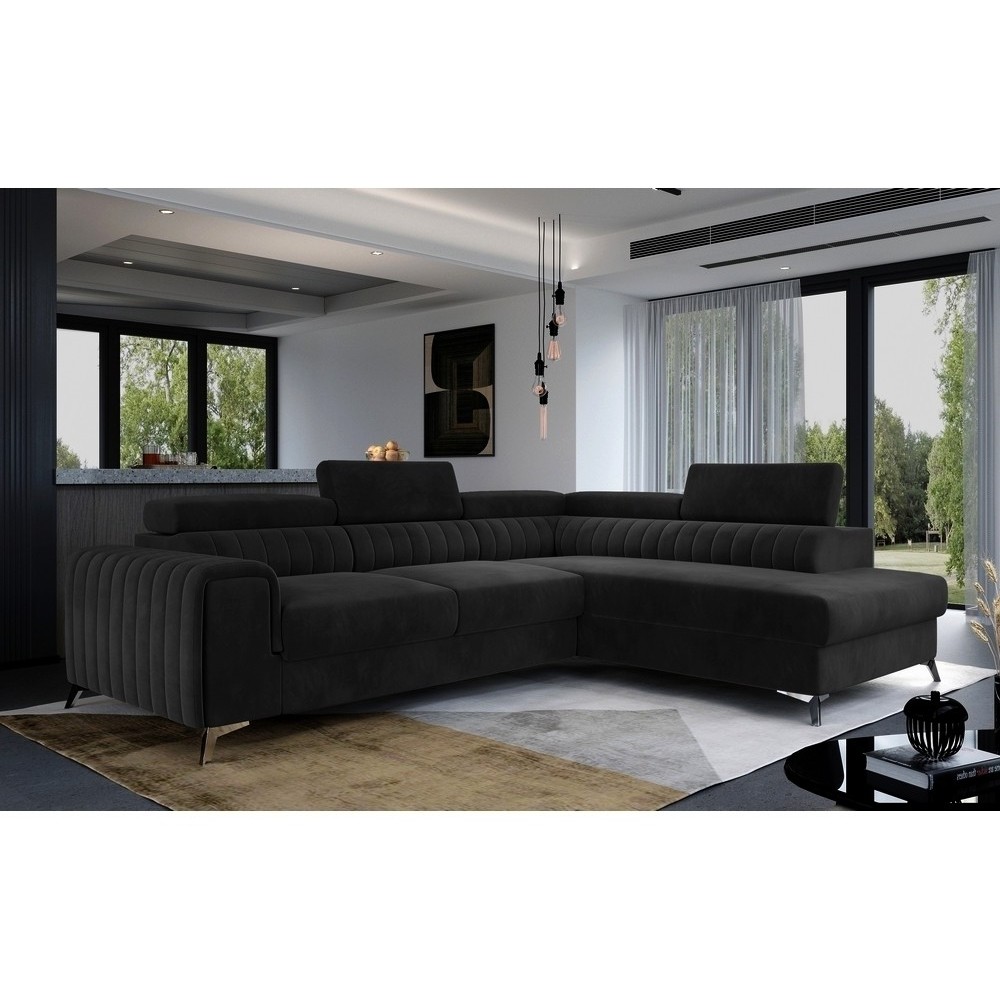 Canapé d'angle convertible - LARRY VELOURS Luxe, 5 places, noir , angle droit (vu de face) Canapé d'angle convertible - LARRY VELOURS Luxe, 5 places, noir , angle droit (vu de face)