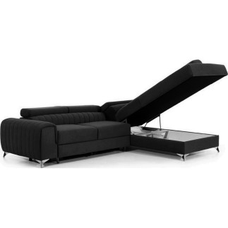 Canapé d'angle convertible - LARRY VELOURS Luxe, 5 places, noir , angle droit (vu de face)