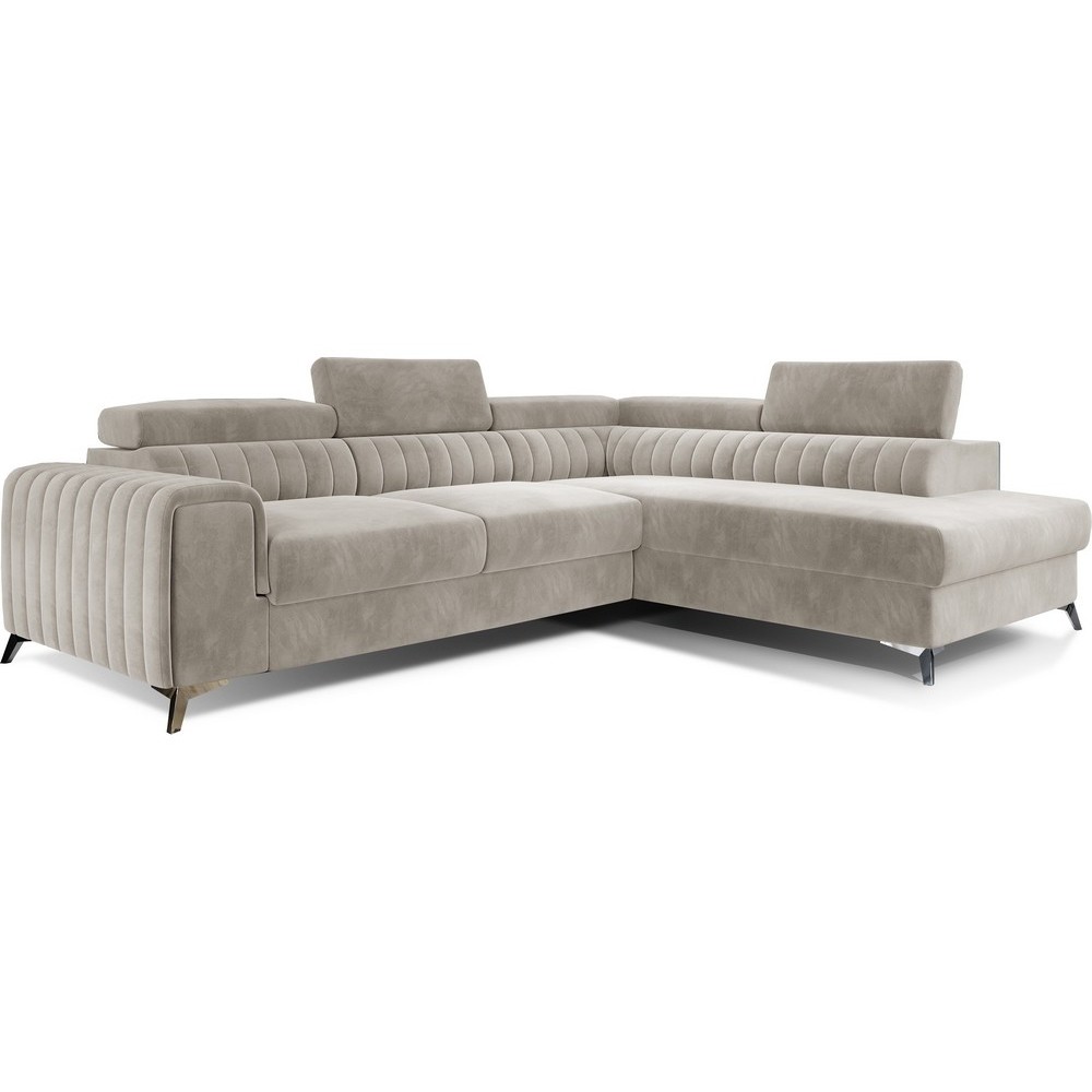 Canapé d'angle convertible - LARRY VELOURS - en velours Luxe, 5 places, beige, angle droit (vu de face) Canapé d'angle convertible - LARRY VELOURS - en velours Luxe, 5 places, beige, angle droit (vu de face)