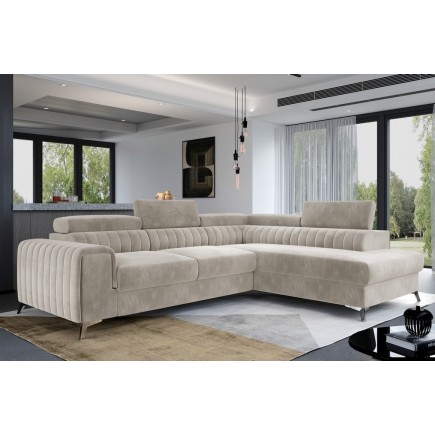 Canapé d'angle convertible - LARRY VELOURS - en velours Luxe, 5 places, beige, angle droit (vu de face)