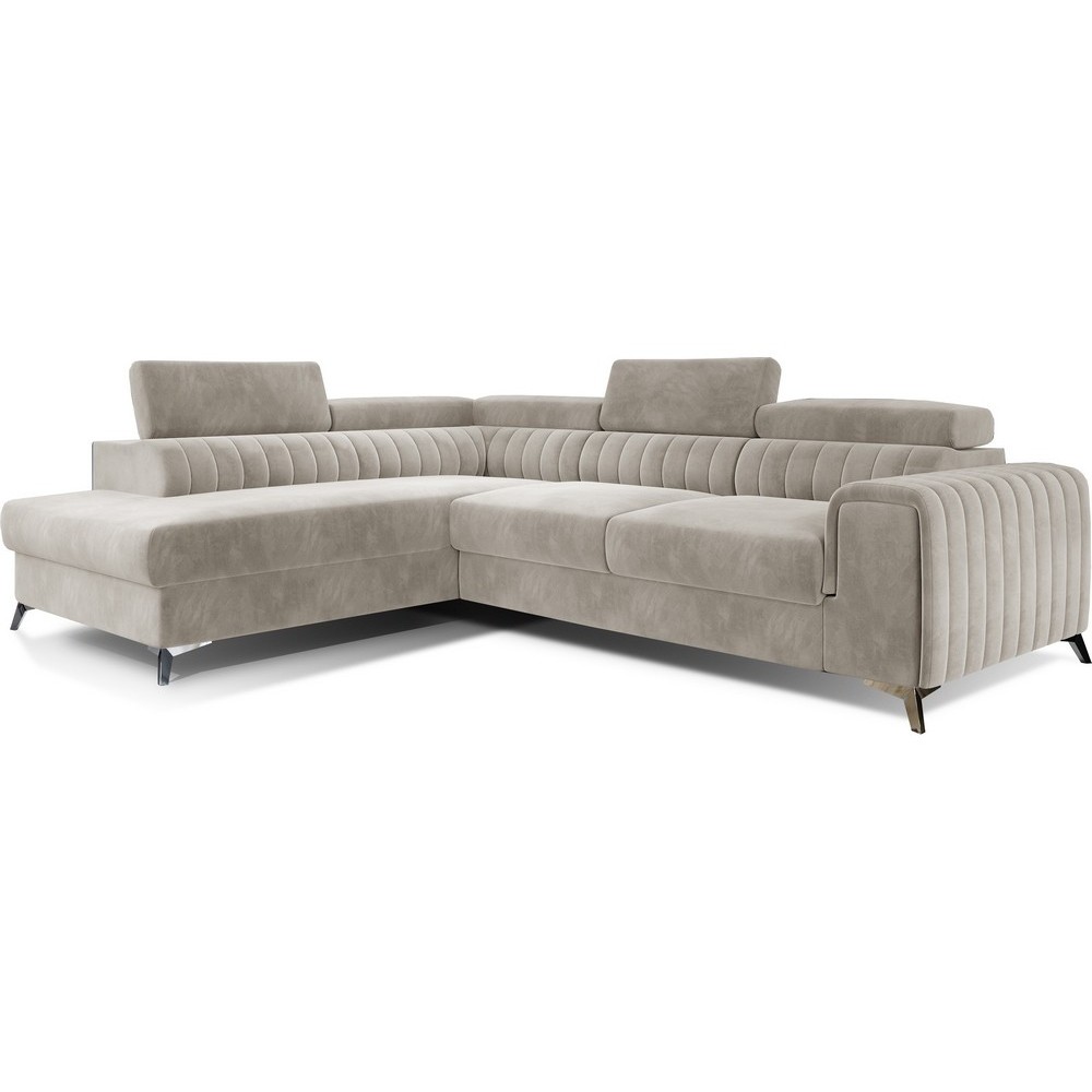 - Canapé d'angle convertible - LARRY VELOURS - en velours Luxe, 5 places, beige, angle gauche (vu de face) - Canapé d'angle convertible - LARRY VELOURS - en velours Luxe, 5 places, beige, angle gauche (vu de face)
